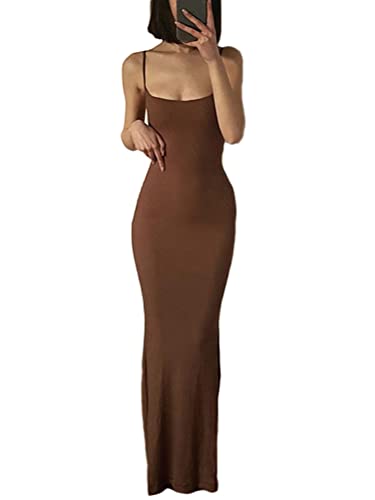 shownicer Damen Spaghetti-Träger Ärmellos Langes Kleid Einfarbig Figurbetont Fischschwanzkleid Sexy Bodycon Maxikleider Party Abend Club Night Out Kleid A Braun S von shownicer