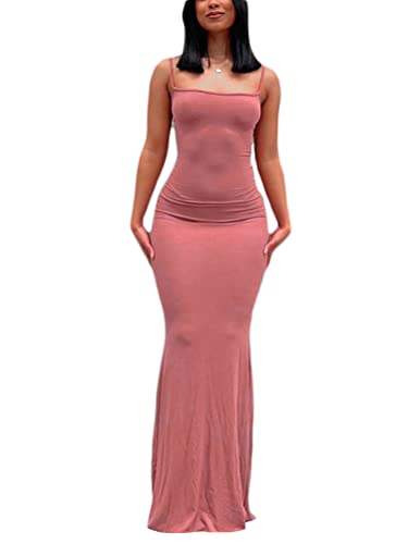 shownicer Damen Spaghetti-Träger Ärmellos Langes Kleid Einfarbig Figurbetont Fischschwanzkleid Sexy Bodycon Maxikleider Party Abend Club Night Out Kleid A Rosa XS von shownicer