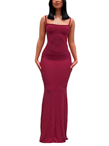 shownicer Damen Spaghetti-Träger Ärmellos Langes Kleid Einfarbig Figurbetont Fischschwanzkleid Sexy Bodycon Maxikleider Party Abend Club Night Out Kleid A Rot XS von shownicer