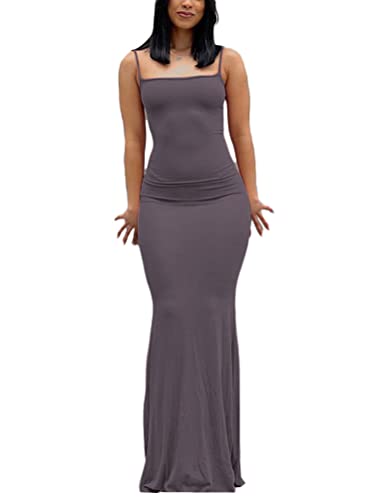 shownicer Damen Spaghetti-Träger Ärmellos Langes Kleid Einfarbig Figurbetont Fischschwanzkleid Sexy Bodycon Maxikleider Party Abend Club Night Out Kleid A Violett M von shownicer