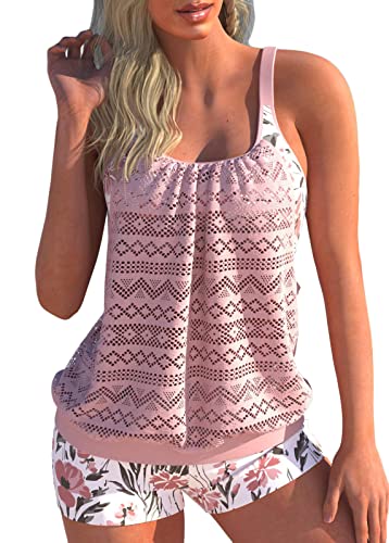 shownicer Damen Spitze Tankini Beachwear Einfarbig Push Up Zweiteilig Badeanzug Zweiteiliger Tankini Set Strand Schwimmanzug Swimsuits Bikini Tank Top und Shorts D Rosa L von shownicer