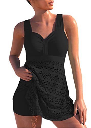 shownicer Damen Spitze Tankini Beachwear Push Up Einfarbig Zweiteilig Badeanzug Zweiteiliger Tankini Set Strand Schwimmanzug Swimsuits Bikini Tank Top und Shorts A Schwarz 3XL von shownicer