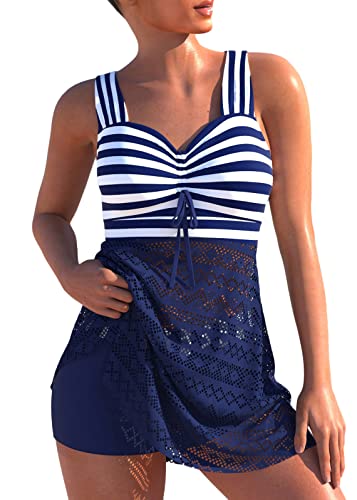 shownicer Damen Spitze Tankini Beachwear Push Up Einfarbig Zweiteilig Badeanzug Zweiteiliger Tankini Set Strand Schwimmanzug Swimsuits Bikini Tank Top und Shorts B Blau 3XL von shownicer