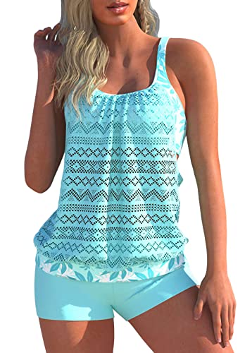 shownicer Damen Spitze Tankini Beachwear Push Up Einfarbig Zweiteilig Badeanzug Zweiteiliger Tankini Set Strand Schwimmanzug Swimsuits Bikini Tank Top und Shorts D Blau L von shownicer