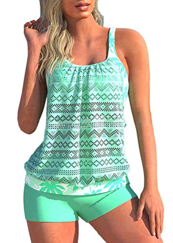 shownicer Damen Spitze Tankini Beachwear Push Up Einfarbig Zweiteilig Badeanzug Zweiteiliger Tankini Set Strand Schwimmanzug Swimsuits Bikini Tank Top und Shorts D Grün 3XL von shownicer