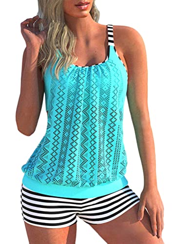 shownicer Damen Spitze Tankini Beachwear Push Up Einfarbig Zweiteilig Badeanzug Zweiteiliger Tankini Set Strand Schwimmanzug Swimsuits Bikini Tank Top und Shorts D Hellblau L von shownicer