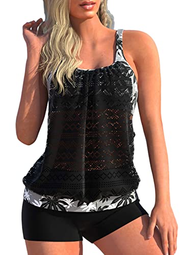 shownicer Damen Spitze Tankini Beachwear Push Up Einfarbig Zweiteilig Badeanzug Zweiteiliger Tankini Set Strand Schwimmanzug Swimsuits Bikini Tank Top und Shorts D Schwarz 3XL von shownicer