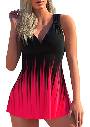 shownicer Damen Spitze Tankini Beachwear Push Up Einfarbig Zweiteilig Badeanzug Zweiteiliger Tankini Set Strand Schwimmanzug Swimsuits Bikini Tank Top und Shorts E Rot XXL von shownicer