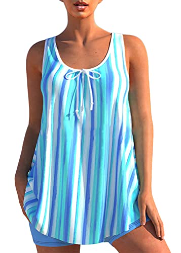 shownicer Damen Spitze Tankini Beachwear Push Up Einfarbig Zweiteilig Badeanzug Zweiteiliger Tankini Set Strand Schwimmanzug Swimsuits Bikini Tank Top und Shorts F Hellblau XL von shownicer