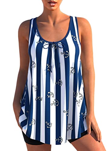 shownicer Damen Spitze Tankini Beachwear Push Up Einfarbig Zweiteilig Badeanzug Zweiteiliger Tankini Set Strand Schwimmanzug Swimsuits Bikini Tank Top und Shorts F Marine 3XL von shownicer