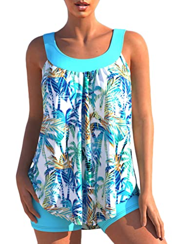 shownicer Damen Spitze Tankini Beachwear Push Up Einfarbig Zweiteilig Badeanzug Zweiteiliger Tankini Set Strand Schwimmanzug Swimsuits Bikini Tank Top und Shorts H Blau XXL von shownicer