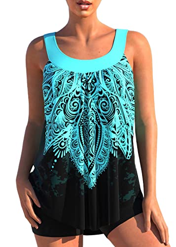 shownicer Damen Spitze Tankini Beachwear Push Up Einfarbig Zweiteilig Badeanzug Zweiteiliger Tankini Set Strand Schwimmanzug Swimsuits Bikini Tank Top und Shorts I Blau 3XL von shownicer