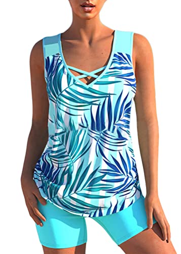 shownicer Damen Spitze Tankini Beachwear Push Up Einfarbig Zweiteilig Badeanzug Zweiteiliger Tankini Set Strand Schwimmanzug Swimsuits Bikini Tank Top und Shorts J Blau 3XL von shownicer