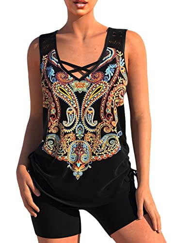 shownicer Damen Spitze Tankini Beachwear Push Up Einfarbig Zweiteilig Badeanzug Zweiteiliger Tankini Set Strand Schwimmanzug Swimsuits Bikini Tank Top und Shorts J Schwarz S von shownicer