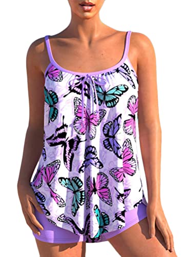 shownicer Damen Spitze Tankini Beachwear Push Up Einfarbig Zweiteilig Badeanzug Zweiteiliger Tankini Set Strand Schwimmanzug Swimsuits Bikini Tank Top und Shorts K Violett L von shownicer