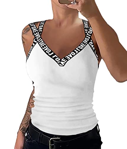 shownicer Damen Spitzen Cami Top Camisole Tanktop Spaghettiträger Oberteile Sommer Ärmellos Shirts Untertops mit V-Ausschnitt A Weiß L von shownicer