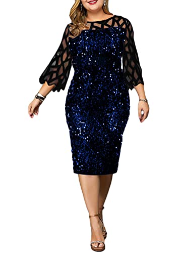 shownicer Damen Spitzenkleid 3/4 Ärmel Cocktailkleid Festliche Brautjungfernkleider Für Hochzeit Knielang Abendkleider A Blau 3XL von shownicer