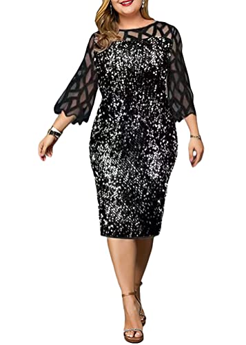 shownicer Damen Spitzenkleid 3/4 Ärmel Cocktailkleid Festliche Brautjungfernkleider Für Hochzeit Knielang Abendkleider A Silber XXL von shownicer