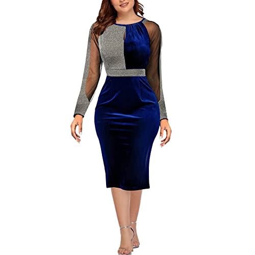 shownicer Damen Spitzenkleid 3/4 Ärmel Cocktailkleid Festliche Brautjungfernkleider Für Hochzeit Knielang Abendkleider B Blau 3XL von shownicer