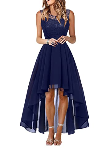 shownicer Damen Spitzenkleid Elegant Cocktailkleid Ärmellos Rundhals Abendkleid Spitze Kleid Chiffon Hochzeitskleid Brautjungfer Freizeitkleid Kleid mit Unregelmäßig Saum A Blau M von shownicer