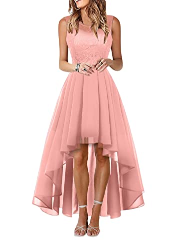 shownicer Damen Spitzenkleid Elegant Cocktailkleid Ärmellos Rundhals Abendkleid Spitze Kleid Chiffon Hochzeitskleid Brautjungfer Freizeitkleid Kleid mit Unregelmäßig Saum A Rosa L von shownicer