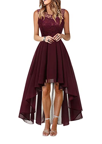 shownicer Damen Spitzenkleid Elegant Cocktailkleid Ärmellos Rundhals Abendkleid Spitze Kleid Chiffon Hochzeitskleid Brautjungfer Freizeitkleid Kleid mit Unregelmäßig Saum A Weinrot XL von shownicer