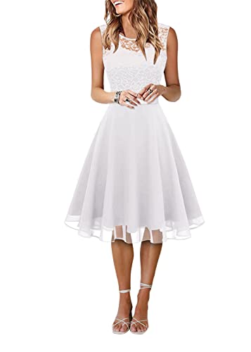 shownicer Damen Spitzenkleid Elegant Cocktailkleid Ärmellos Rundhals Abendkleid Spitze Kleid Chiffon Hochzeitskleid Brautjungfer Freizeitkleid Kleid mit Unregelmäßig Saum B Weiß L von shownicer