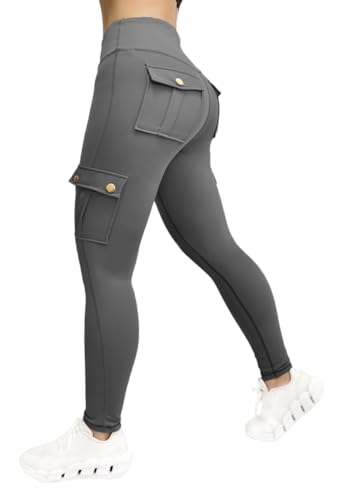 shownicer Damen Sport Leggings High Waist Sporthose Gym Leggins Yogahose Blickdicht Bauchkontrolle Slim Fit Fitnesshose Laufhose Cargo Leggings mit Taschen A Dunkelgrau M von shownicer