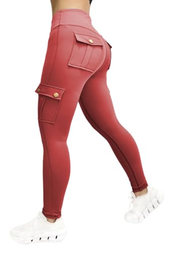 shownicer Damen Sport Leggings High Waist Sporthose Gym Leggins Yogahose Blickdicht Bauchkontrolle Slim Fit Fitnesshose Laufhose Cargo Leggings mit Taschen A Rot M von shownicer