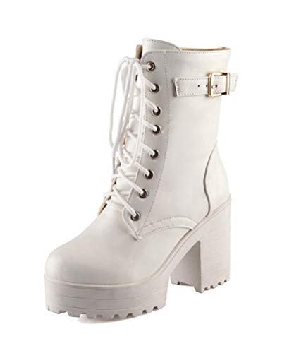 shownicer Damen Stiefel Mode Westernstiefelette PU Leder Schnürstiefel Herbst Winter Warm Ankle Booties Stiefeletten Biker Boots Motorradstiefel mit Blockabsatz A Weiß 42 EU von shownicer