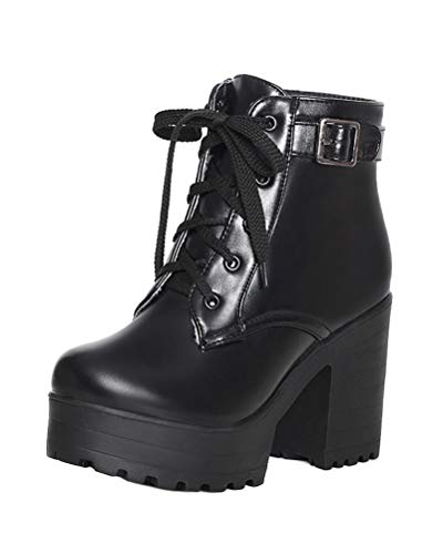 shownicer Damen Stiefel Mode Westernstiefelette PU Leder Schnürstiefel Herbst Winter Warm Ankle Booties Stiefeletten Biker Boots Motorradstiefel mit Blockabsatz B Schwarz 40 EU von shownicer