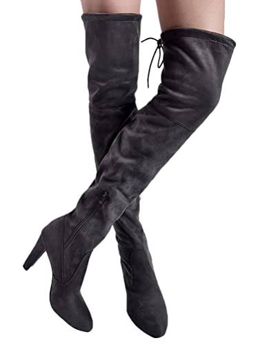 shownicer Damen Stiefel Overknees mit Blockabsatz Wildleder Schuhe ReißVerschluss Winterschuhe High Heels Sohle Hohe Stiefel Boots Schnürschuhe Grau 34 EU von shownicer