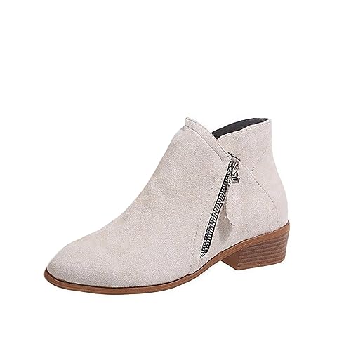 shownicer Damen Stiefeletten Ankle-Boots Niedrigem Absatz Schuhe Comfort Pure Farbe Ankle Bootie mit Zipper Bequem Boots Chelsea Boots Kurze Stiefel Herbst Winter A Beige 39 EU von shownicer