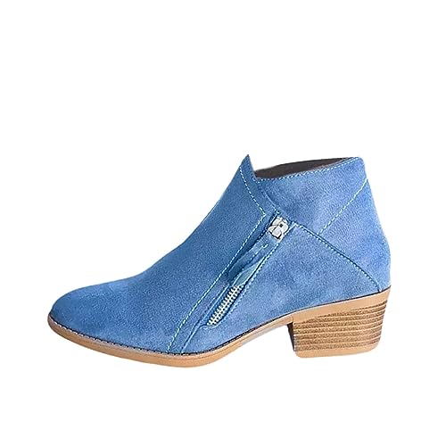 shownicer Damen Stiefeletten Ankle-Boots Niedrigem Absatz Schuhe Comfort Pure Farbe Ankle Bootie mit Zipper Bequem Boots Chelsea Boots Kurze Stiefel Herbst Winter A Blau 38 EU von shownicer