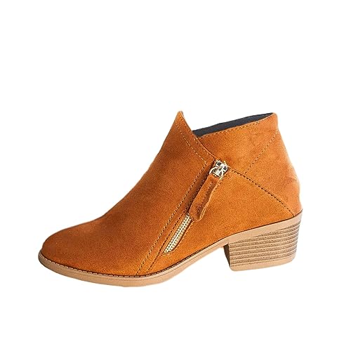 shownicer Damen Stiefeletten Ankle-Boots Niedrigem Absatz Schuhe Comfort Pure Farbe Ankle Bootie mit Zipper Bequem Boots Chelsea Boots Kurze Stiefel Herbst Winter A Braun 35 EU von shownicer