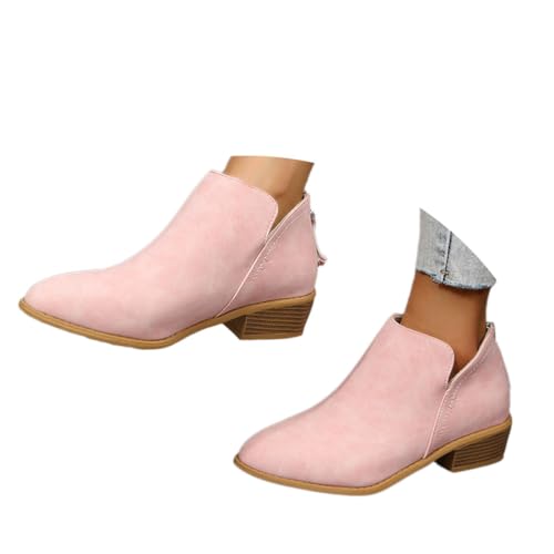 shownicer Damen Stiefeletten Ankle-Boots Niedrigem Absatz Schuhe Comfort Pure Farbe Ankle Bootie mit Zipper Bequem Boots Chelsea Boots Kurze Stiefel Herbst Winter C Rosa 39 von shownicer