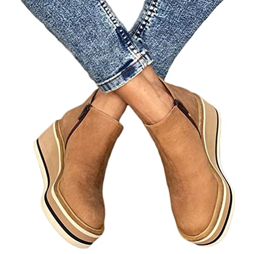 shownicer Damen Stiefeletten Keilabsatz Ankle Boots mit Seitlicher Reißverschluss Plattform Knöchel Stiefel Kurzschaft Boots Beiläufige Wasserdichte Freizeitschuhe Bequeme Winterschuhe Braun 41 EU von shownicer