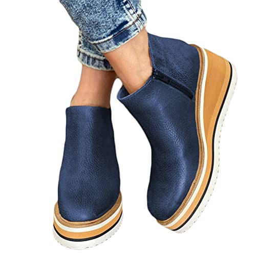 shownicer Damen Stiefeletten Keilabsatz Ankle Boots mit Seitlicher Reißverschluss Plattform Knöchel Stiefel Kurzschaft Boots Beiläufige Wasserdichte Freizeitschuhe Bequeme Winterschuhe Navy Blau 41 EU von shownicer