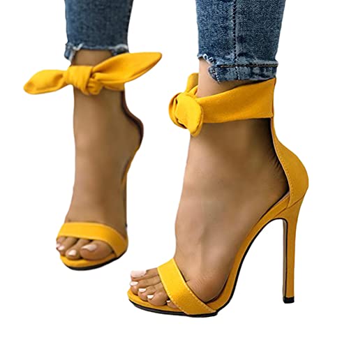 shownicer Damen Stiletto High Heels Pumps Party Basic Schuhe Lace Up Peep Toe Sandalette Abend Braut Schuhe Frühling Sommer Schuhe A Gelb 34 EU von shownicer