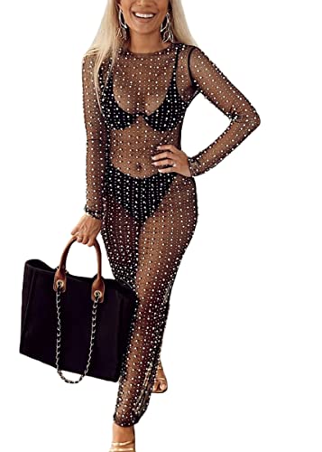 shownicer Damen Strandkleid Sexy Perlen Strass Glitzer Mesh Cover Up Kleid Langarm Tüllkleid Strand Maxikleid Sexy Bodycon Bademode Badeanzug Bikini Cover Ups Strandkleid Partykleid A Schwarz L von shownicer