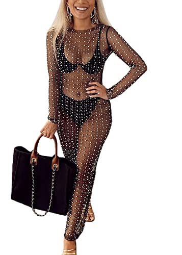 shownicer Damen Strandkleid Sexy Perlen Strass Glitzer Mesh Cover Up Kleid Langarm Tüllkleid Strand Maxikleid Sexy Bodycon Bademode Badeanzug Bikini Cover Ups Strandkleid Partykleid A Schwarz XL von shownicer