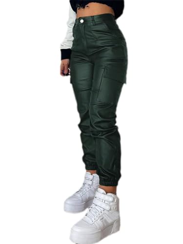 shownicer Damen Stretch Hosen Push Up Effekt Lederhose Biker Stretch Coated Kunstlederhose Leggings Knopfleiste A Grün XXL von shownicer