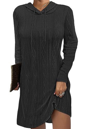 shownicer Damen Strick Pulloverkleid Elegant Rollkragen Langarm Tunika Kleid Midikleid Kapuzenkleid Wickelkleider Einfarbig Pullover Casual Lose Herbst Kleid A Schwarz 3XL von shownicer