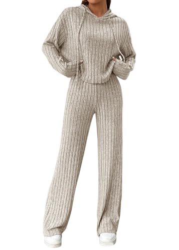 shownicer Damen Strickanzug Langarm Gerippt Strickpullover Lange Schlaghose Sportanzug Lounge Set Freizeit Outfit A Aprikose S von shownicer