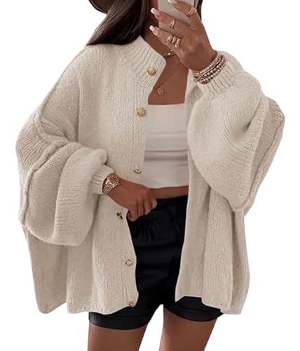 shownicer Damen Strickjacke Kurz Strick Cardigan Casual Strickmantel Knopfleiste Open Front Strickpullover Jacke Einfarbig Locker Strickjacken für Herbst Winter B Beige L von shownicer