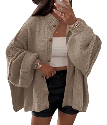 shownicer Damen Strickjacke Kurz Strick Cardigan Casual Strickmantel Knopfleiste Open Front Strickpullover Jacke Einfarbig Locker Strickjacken für Herbst Winter B Khaki M von shownicer