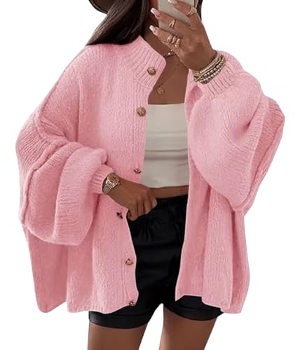 shownicer Damen Strickjacke Kurz Strick Cardigan Casual Strickmantel Knopfleiste Open Front Strickpullover Jacke Einfarbig Locker Strickjacken für Herbst Winter B Rosa M von shownicer