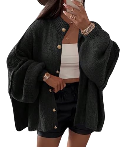 shownicer Damen Strickjacke Kurz Strick Cardigan Casual Strickmantel Knopfleiste Open Front Strickpullover Jacke Einfarbig Locker Strickjacken für Herbst Winter B Schwarz S von shownicer