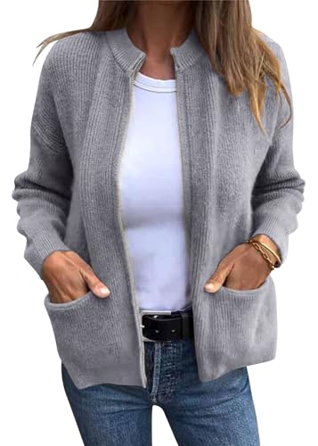 shownicer Damen Strickjacke Kurz Strick Cardigan mit Taschen Casual Übergroße Pullover Strickmantel Rundhals Strickpullover Jacke Einfarbig Strickjacken für Herbst Winter A Grau L von shownicer