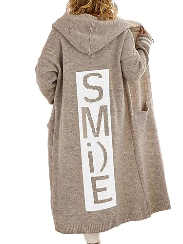 shownicer Damen Strickjacke Lang Strick Cardigan Brief Drucken Kapuzenpullover Lose Warm Frühling Herbst Strickmantel Outerwear mit Tasche A Khaki M von shownicer